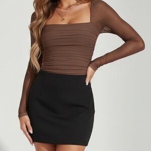 Brown Mesh Long Sleeve Bodysuit, Square Neck Coffee Bodysuit Size Large